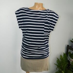 Loft Striped Top Women Med/Large Navy Blue White Ruched Side Short Sleeve Pocket